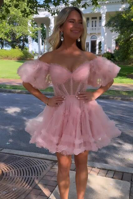 A Line Off the Shoulder Tulle Homecoming Dress with Ruffle, New Style Short Prom Gown UQH0169