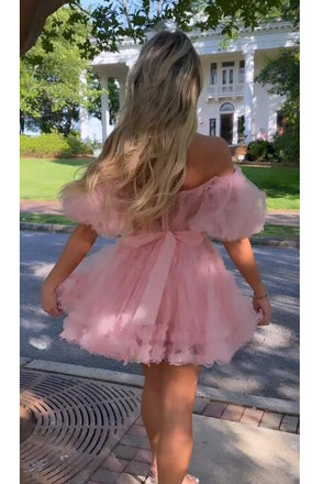A Line Off the Shoulder Tulle Homecoming Dress with Ruffle, New Style Short Prom Gown UQH0169