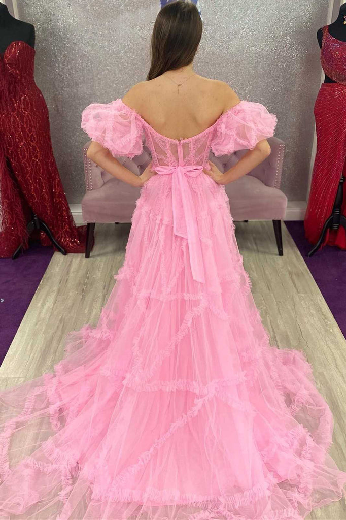 Pink Tulle Off-the-Shoulder A-Line Long Prom Dress with Ruffles Evening Dresses UQP0292