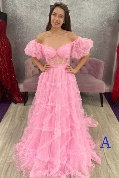 Pink Tulle Lace Off-the-Shoulder Ruffles Tiered Long Prom Dress