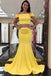 Two Piece Off the Shoulder Yellow Satin Mermaid Long Prom Gown Formal Dress UQP0262