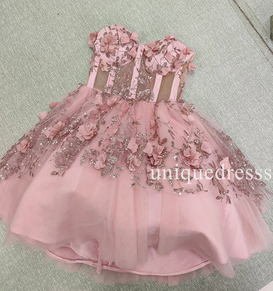 Princess Sparkly Sweetheart Homecoming Dresses with 3d Flowers, Pink Sweet 16 Dresses UQH0106