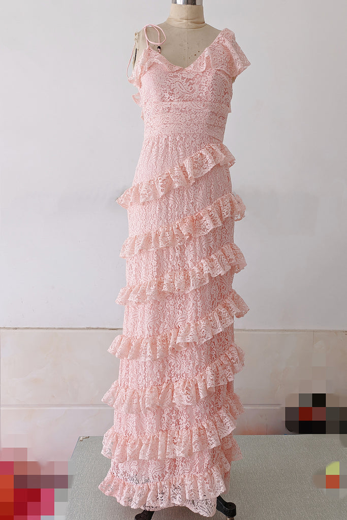 Red V Neck Lace Prom Dress, Tiered Long Evening Dresses Sleeveless Gra Uniquedresss Red V Neck Lace Prom Dress, Tiered Long Evening Dresses Sleeveless Gra Uniquedresss