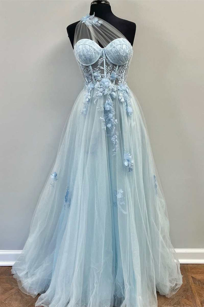 A Line One Shoulder Tulle Prom Dress with Flowers, New Style Appliqued Party Gown UQP0221