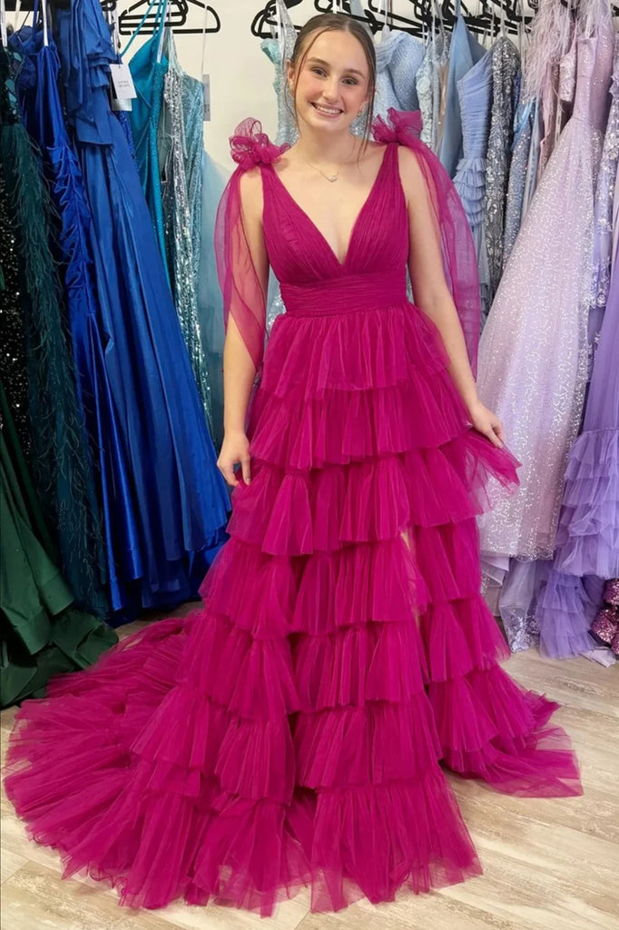 A Line Deep V Neck Tulle Prom Dress with Side Slit, Layered Long Formal Gown UQP0272