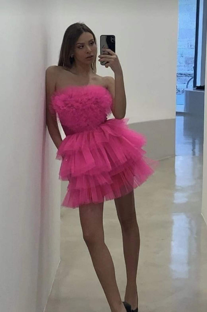 homecoming women's hot pink short strapless dress Sweetheart with Tie Signature Royal / XSmall Measure Method Closure A Line Strapless Tiered Homecoming