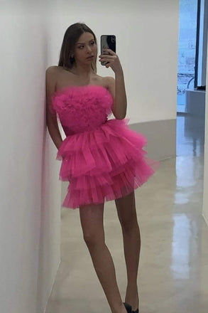 A Line Strapless Tiered Homecoming Dress with A Heart Shape, Hot Pink Short Dress UQH0101