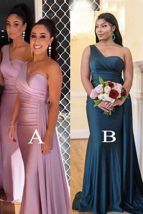 One Shoulder Silk Satin Mermaid Bridesmaid Dresses Long Wedding Party Gowns UQB0031