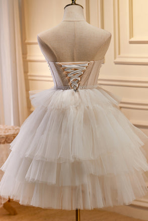 A Line Sweetheart Tulle Homecoming Gown with Beading, Short Sweet 16 Dress with Flower UQH0203