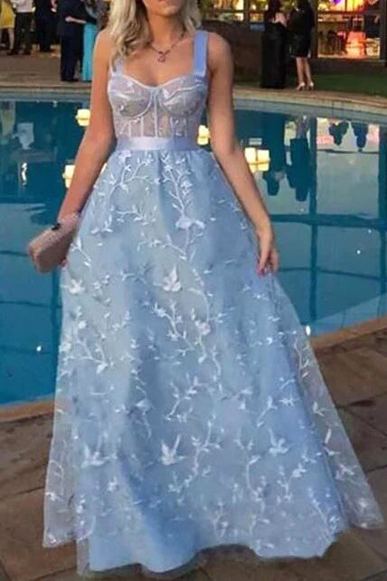 Chic Blue Floor Length Lace Evening Dresses A-Line Straps Prom Gown UQP0251