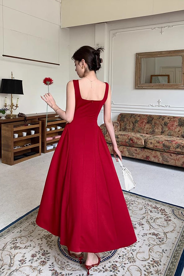 Burgundy Ankle Length Square Neck Sleeveless Stretch Satin Prom Dress Women UQP0325