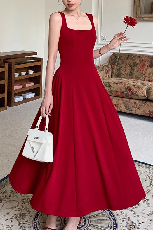 Burgundy Ankle Length Square Neck Sleeveless Stretch Satin Prom Dress Women UQP0325