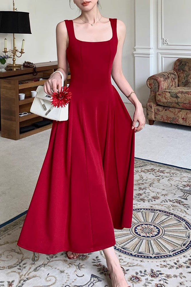 Burgundy Ankle Length Square Neck Sleeveless Stretch Satin Prom Dress Women UQP0325