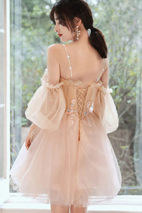 A Line Spaghetti Straps Tulle Short Homecoming Dress with Flowers UQH0158