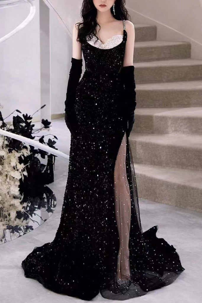 Black Mermaid Sequins Prom Dress Spaghetti Straps Sleeveless Beading Party Gown UQP0225