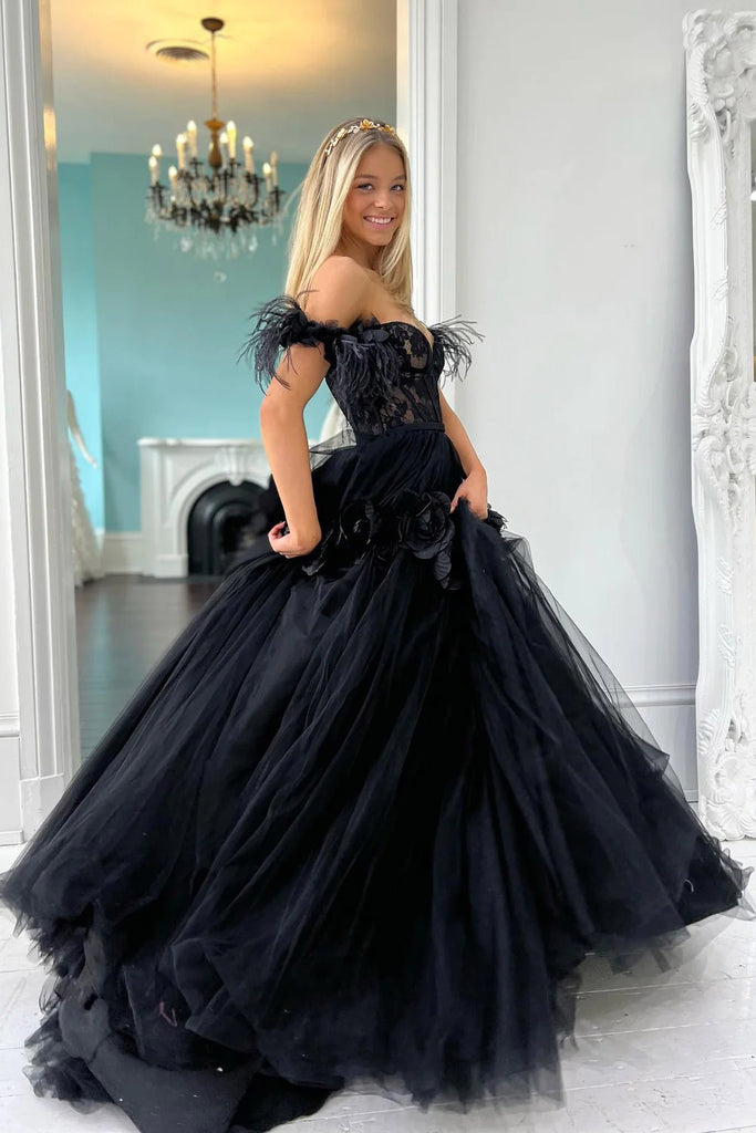 Princess Black Off the Shoulder Tulle Prom Dress with Flowers, Lace Qu Uniquedresss Princess Black Off the Shoulder Tulle Prom Dress with Flowers, Lace Qu Uniquedresss
