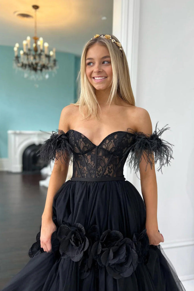 Princess Black Off the Shoulder Tulle Prom Dress with Flowers, Lace Qu