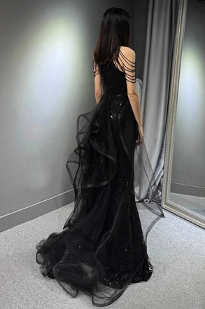 Black Sleeveless Sequined Long Prom Dress with Ruffles, Mermaid Party Gown UQP0312