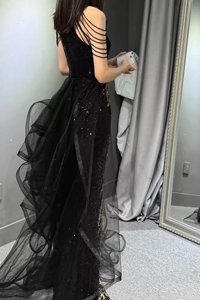 Black Sleeveless Sequined Long Prom Dress with Ruffles, Mermaid Party