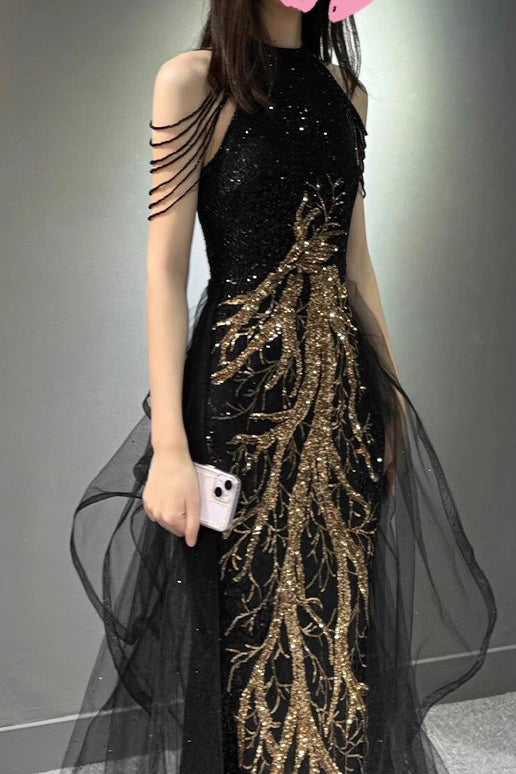 Black Sleeveless Sequined Long Prom Dress with Ruffles, Mermaid Party Gown UQP0312