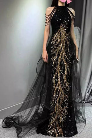 Black Sleeveless Sequined Long Prom Dress with Ruffles, Mermaid Party Gown UQP0312