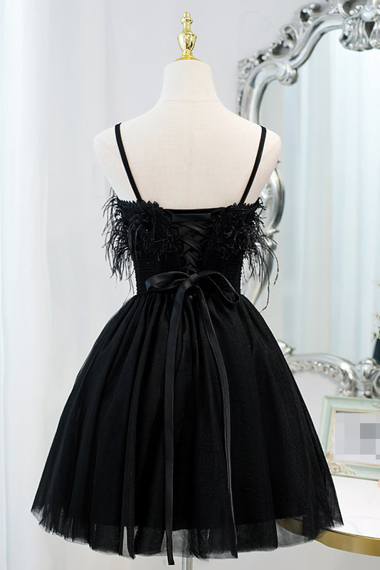 Black Straps Tulle Homecoming Dress with Feather, A Line Short Sweet 16 Dress UQH0229