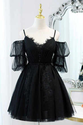 Black Spaghetti Straps Lace Appliques Tulle Homecoming Dress, Prom Gown UQH0145