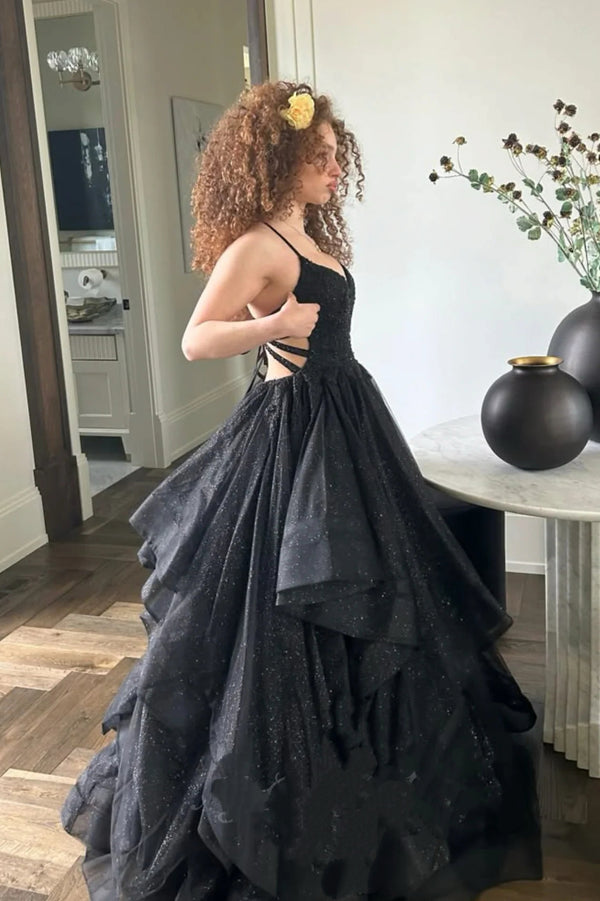 Black Sparkly Prom Dress, Spaghetti Straps Tulle Prom Gown UQP0371 Uniquedresss Black Sparkly Prom Dress, Spaghetti Straps Tulle Prom Gown UQP0371 Uniquedresss
