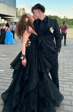 Black Sparkly Prom Dress, Spaghetti Straps Tulle Prom Gown UQP0371