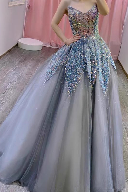 Princess Blue Grey V Neck Tulle Prom Dress with Sequins, Sparkly Long