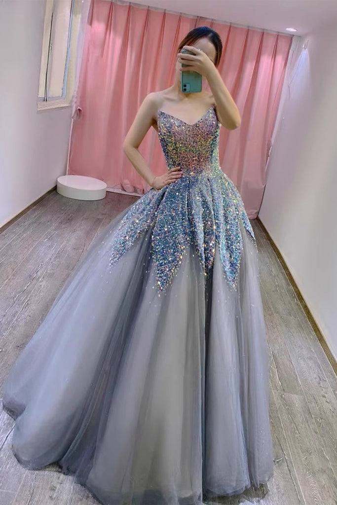 Princess Blue Grey V Neck Tulle Prom Dress with Sequins, Sparkly Long Quinceanera Dress UQP0254