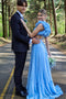 Blue V Neck Sleeveless Long Prom Dress with Ruffles, A Line Formal Gown UQP0303
