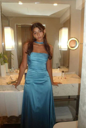 Blue Strapless Prom Gown, Simple Sleeveless Long Formal Evening Dress UQP0360
