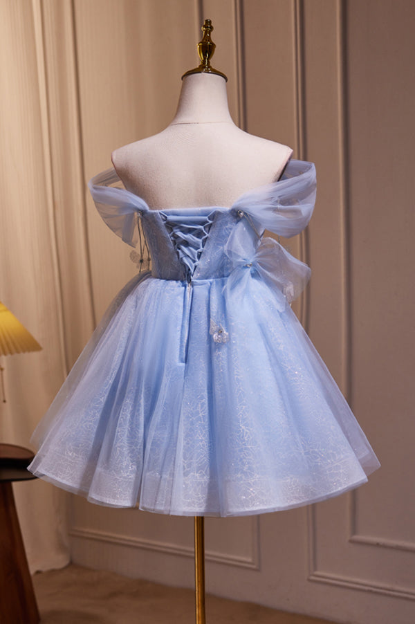 Blue Off the Shoulder Tulle Hoco Dress with Beading, A Line Sweet 16 Dresses UQH0230