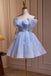 Blue Off the Shoulder Tulle Hoco Dress with Beading, A Line Sweet 16 Dresses UQH0230