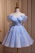 Blue Off the Shoulder Tulle Hoco Dress with Beading, A Line Sweet 16 Dresses UQH0229