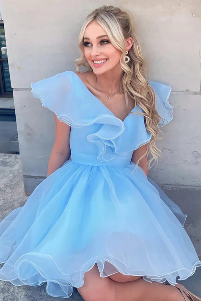 Blue A Line Cute Homecoming Gown with Ruffles, Cap Sleeve Short Prom Dress UQH0208