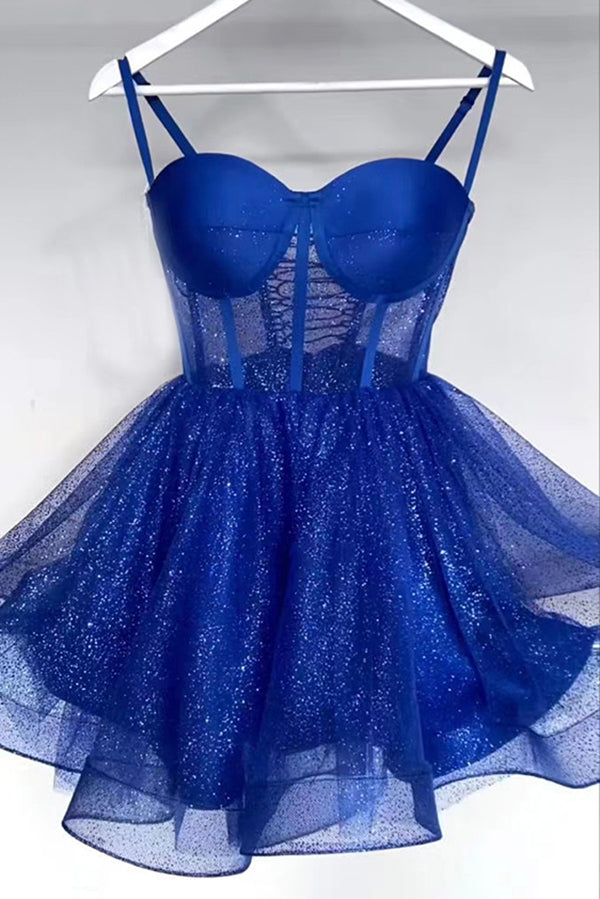 Sparkly Blue Spaghetti Straps Tulle Short Prom Gown, A Line Homecoming Dress UQH0263