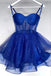 Sparkly Blue Spaghetti Straps Tulle Short Prom Gown, A Line Homecoming Dress UQH0263