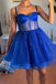 Sparkly Blue Spaghetti Straps Tulle Short Prom Gown, A Line Homecoming Dress UQH0263