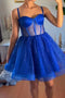 Sparkly Blue Spaghetti Straps Tulle Short Prom Gown, A Line Homecoming Dress UQH0263