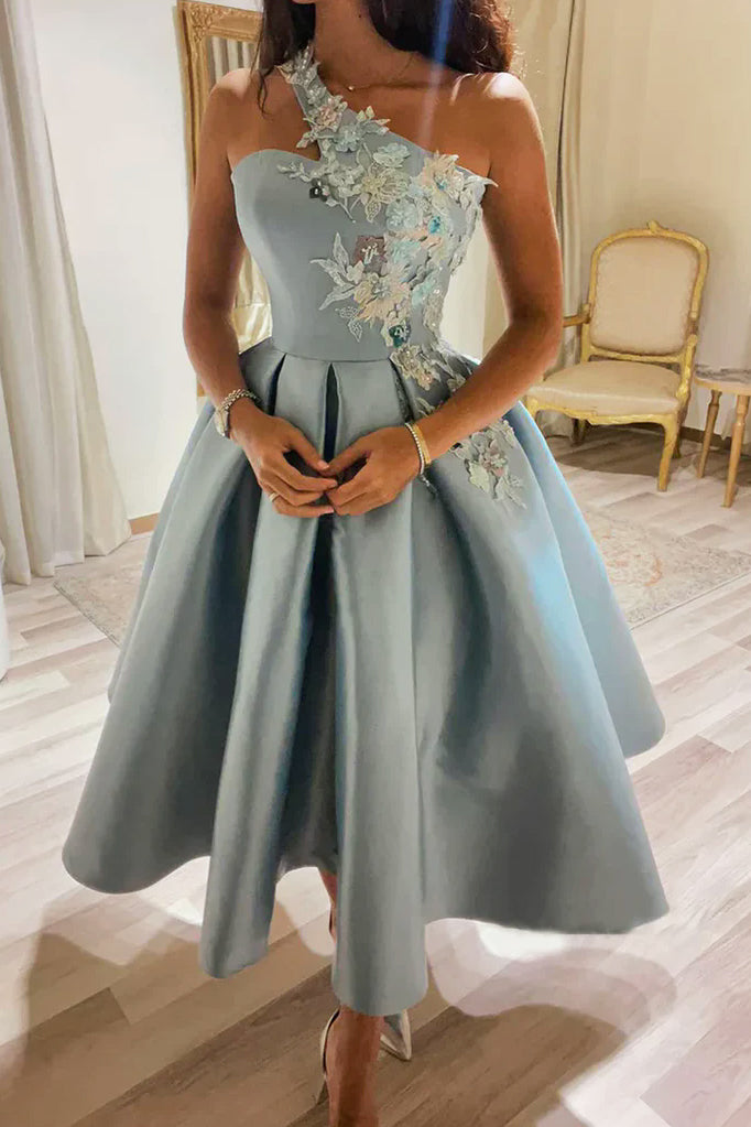 A Line One Shoulder Satin Tea Length Prom Homecoming Dresses with Floral Appliques