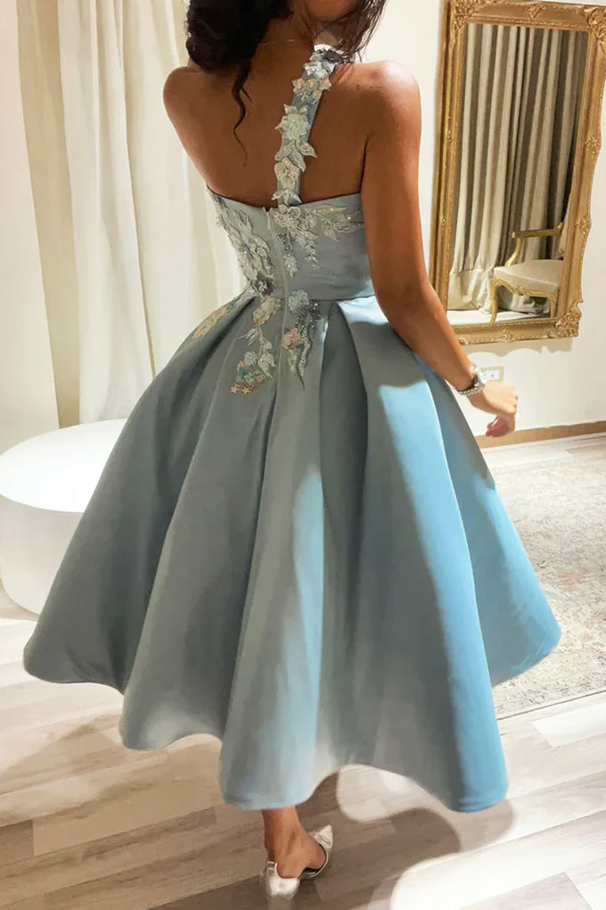 A Line One Shoulder Satin Tea Length Prom Homecoming Dresses with Floral Appliques UQH0252