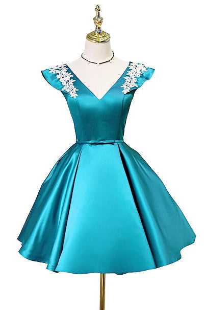 New Arrival Satin Short Prom Gown, A Line V Neck Homecoming Dress with Applique UQH0265