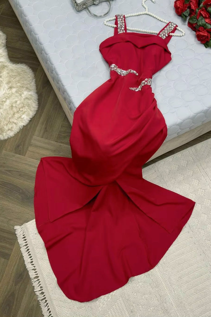 Charming Slit Prom Dress Burgundy Spaghetti Straps Rhinestones Formal Evening Dresses UQP0328