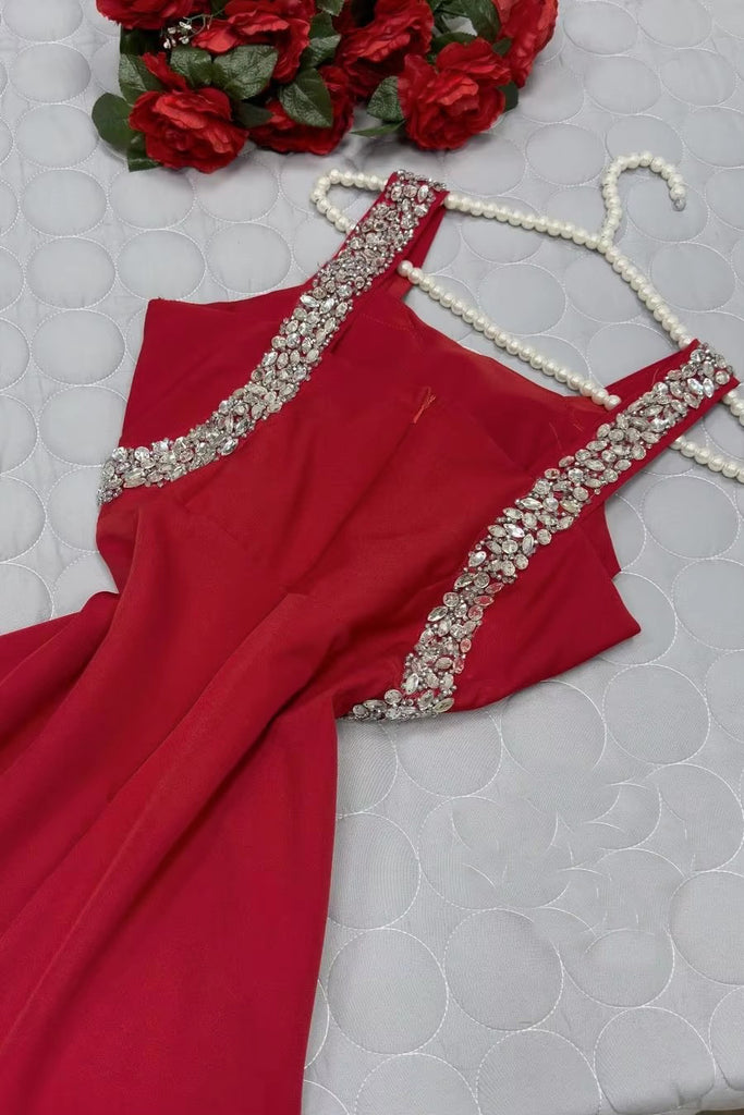 Charming Slit Prom Dress Burgundy Spaghetti Straps Rhinestones Formal Evening Dresses UQP0328