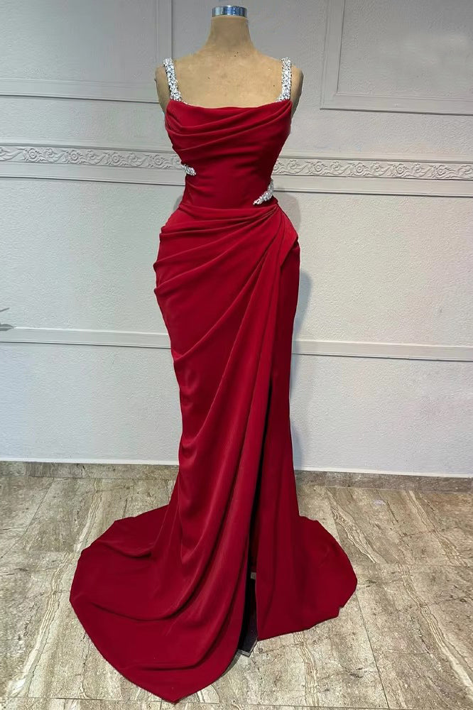 Charming Slit Prom Dress Burgundy Spaghetti Straps Rhinestones Formal Evening Dresses UQP0328