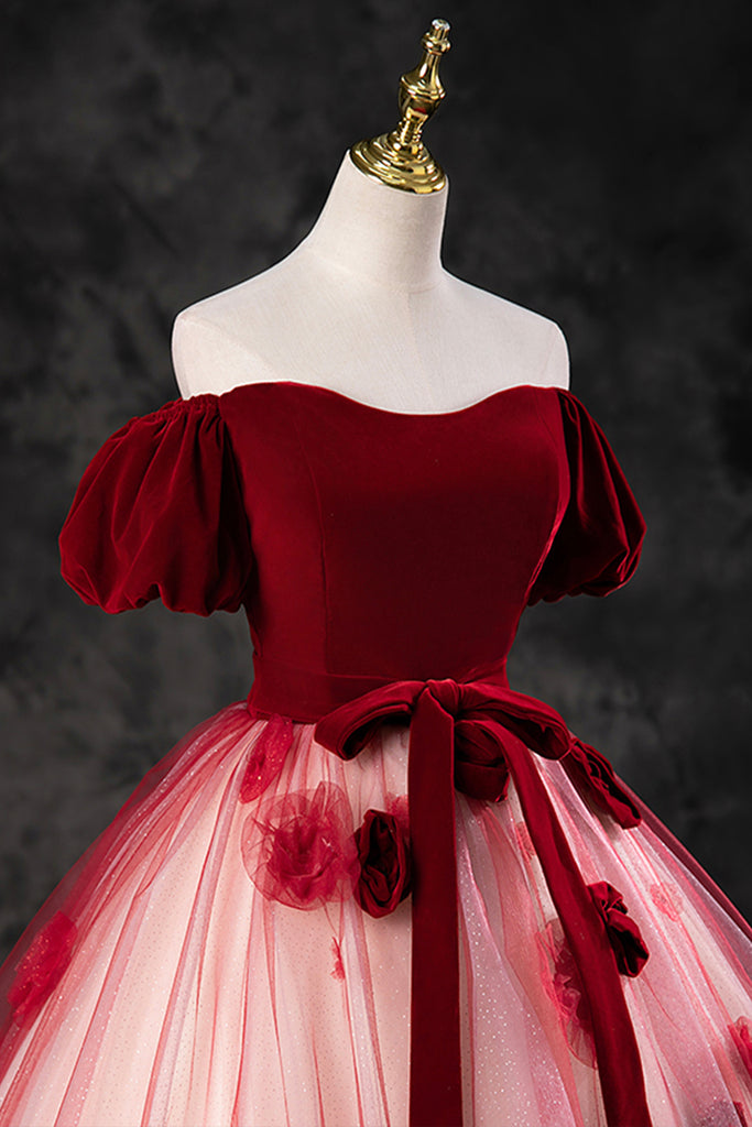 Burgundy Off the Shoulder Tulle Prom Dress, Princess Quinceanera Dress with Flowers UQP0265