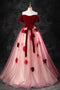 Burgundy Off the Shoulder Tulle Prom Dress, Princess Quinceanera Dress with Flowers UQP0265