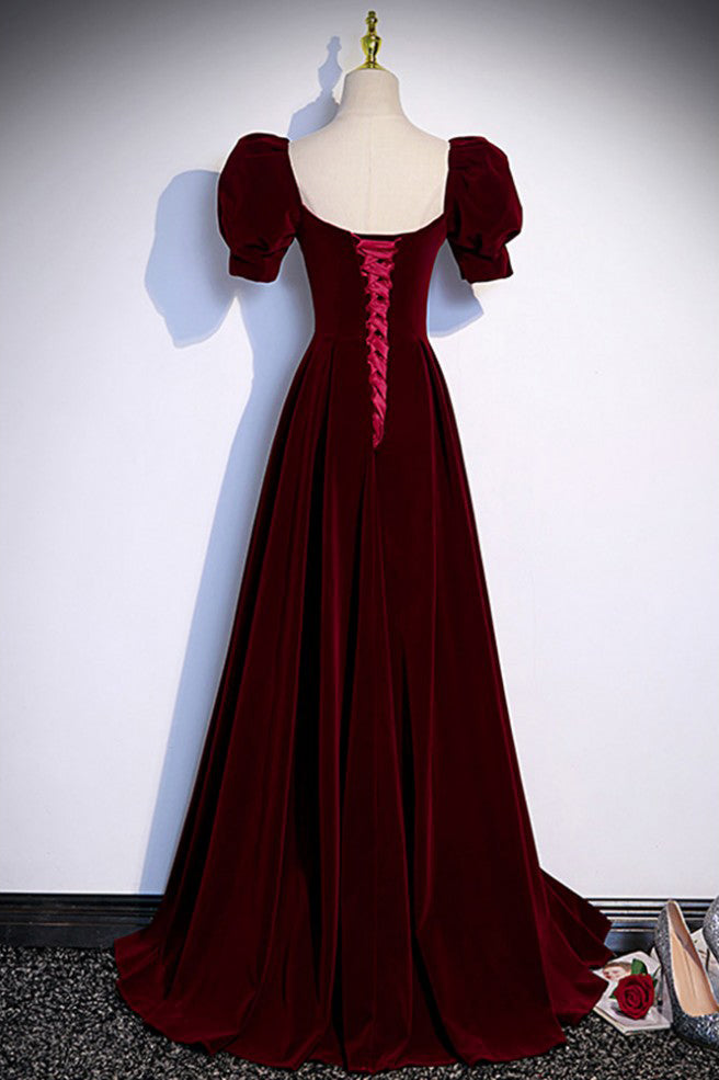 Burgundy Short Sleeves Long Prom Dress, A Line Velvet Formal Gown UQP0349